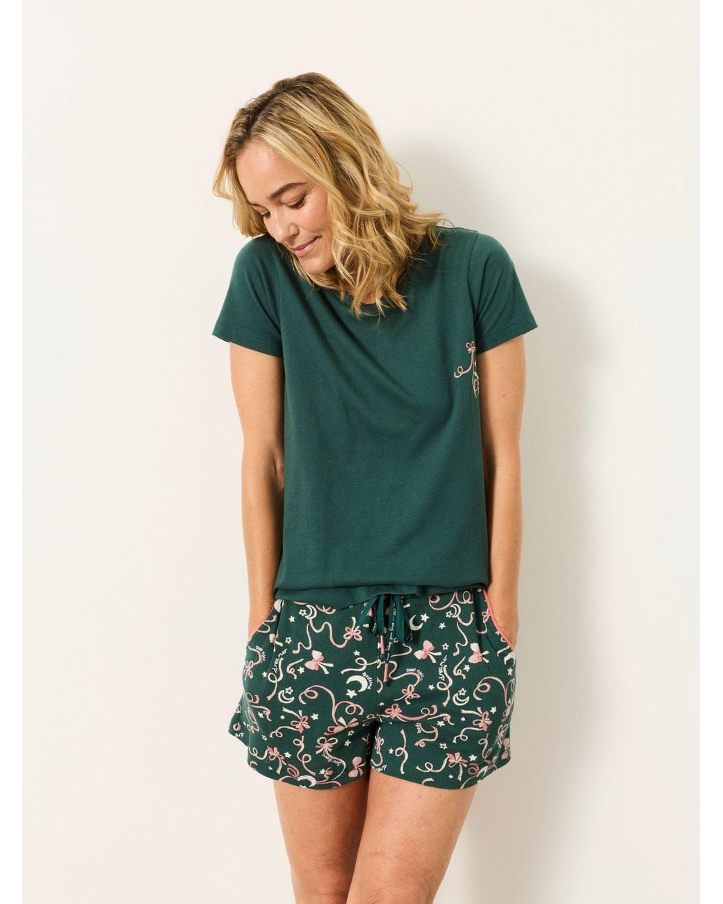 FatFace Green Bow Print Pyjama Set