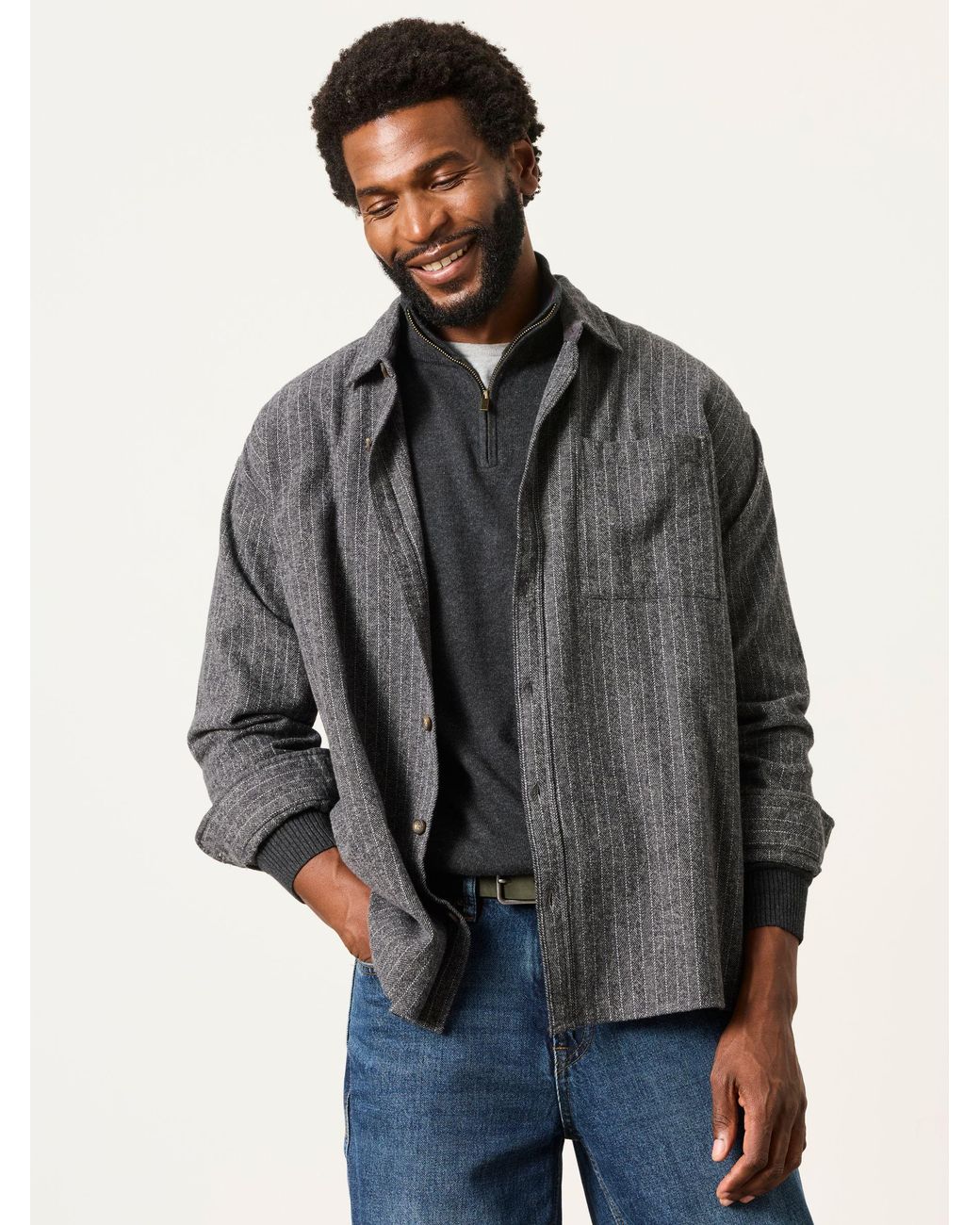 FatFace Gray Fatface Long Sleeve Relaxed Fit Herringbone Stripe Brushed Shirt for men