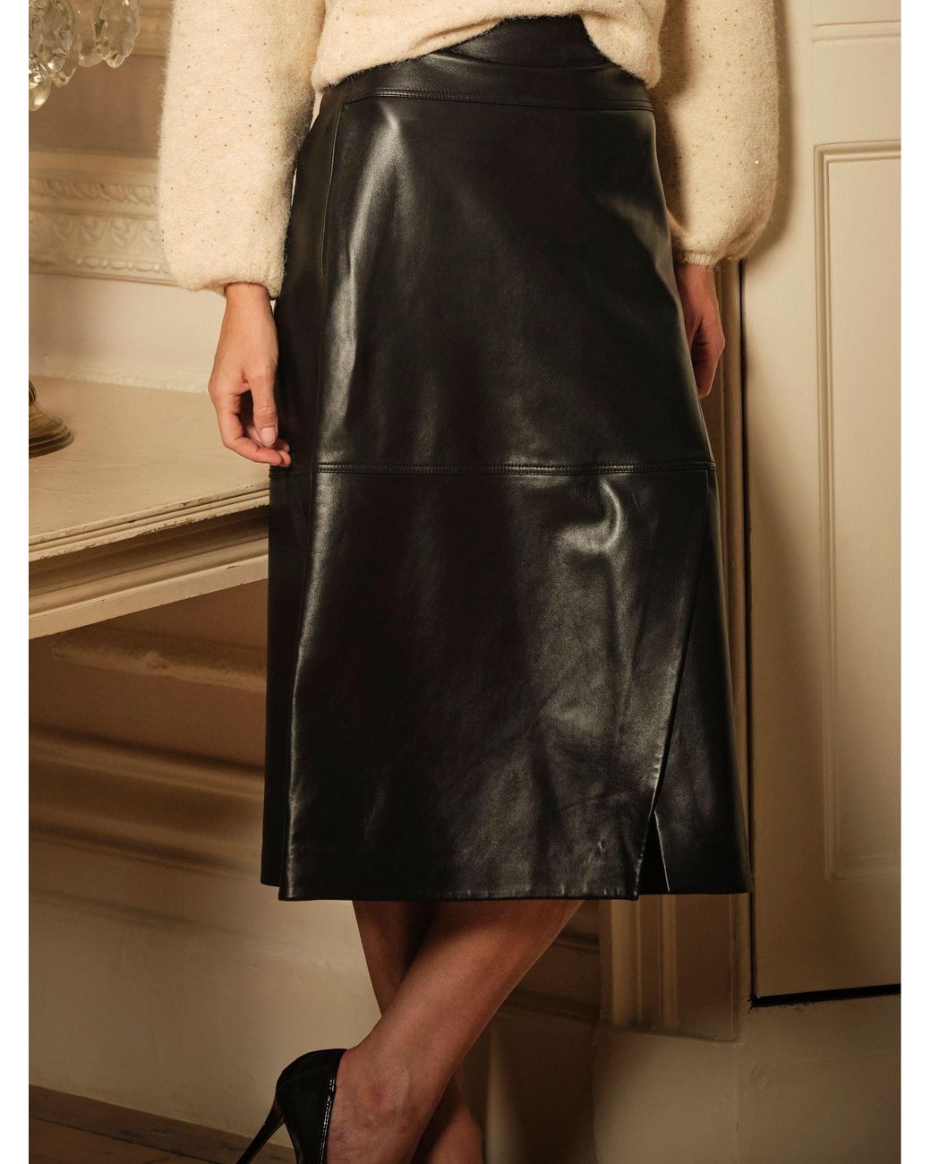 FatFace Black Eden Wrap Midi Leather Skirt