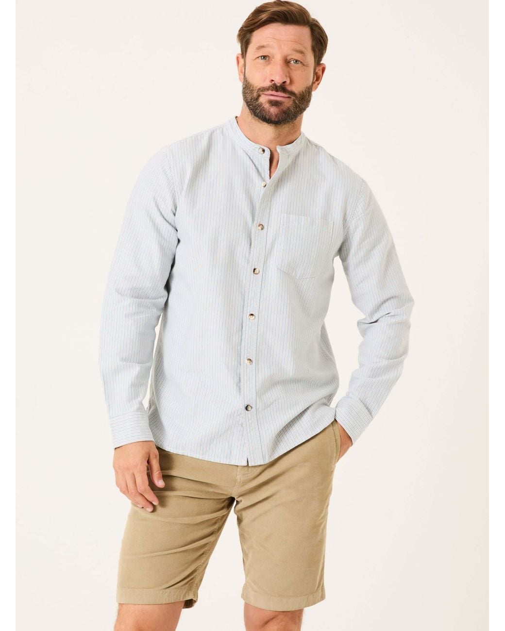 FatFace White Long Sleeve Stripe Grandad Shirt for men