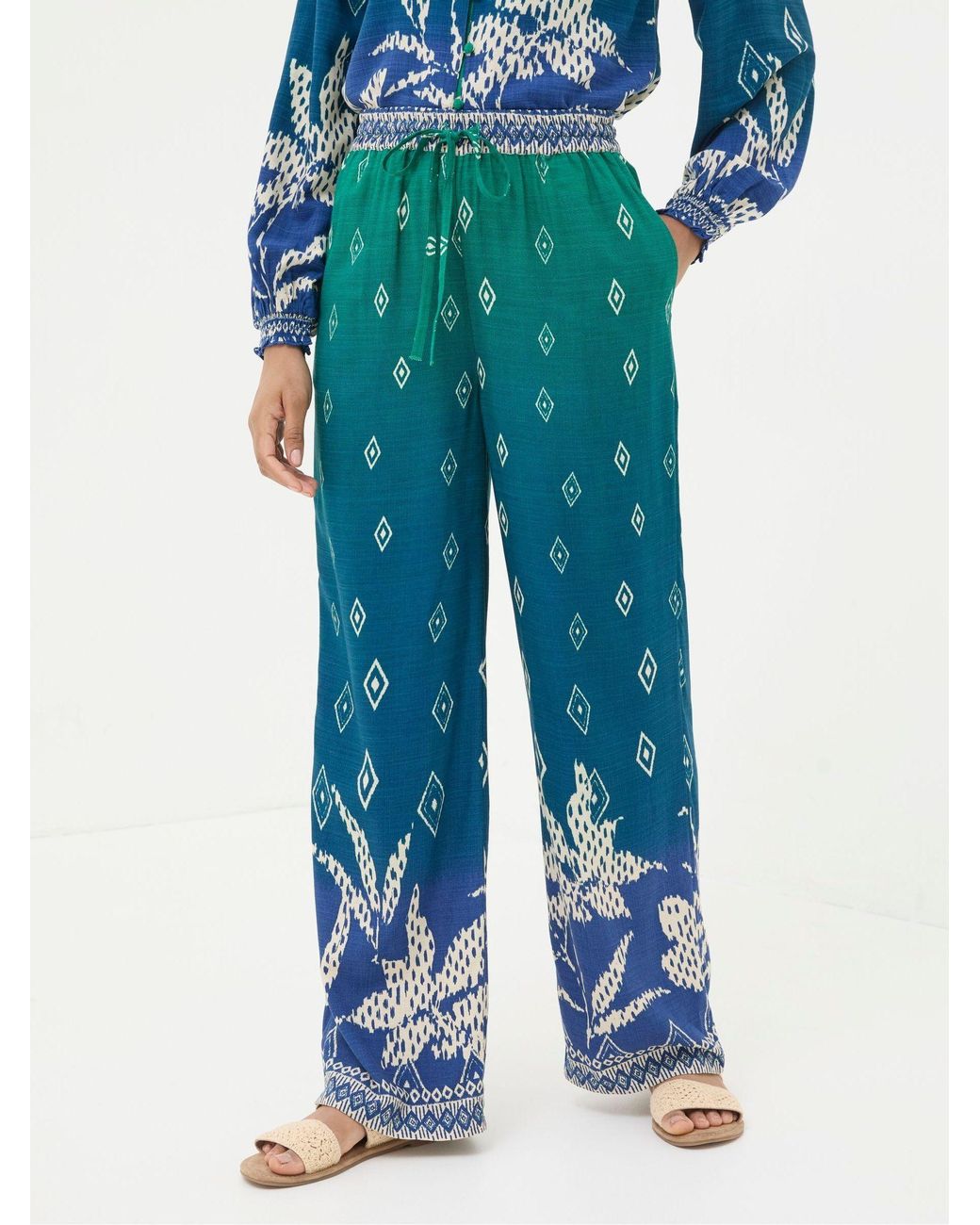 FatFace Blue Harper Ombre Leaves Wide Leg Trousers