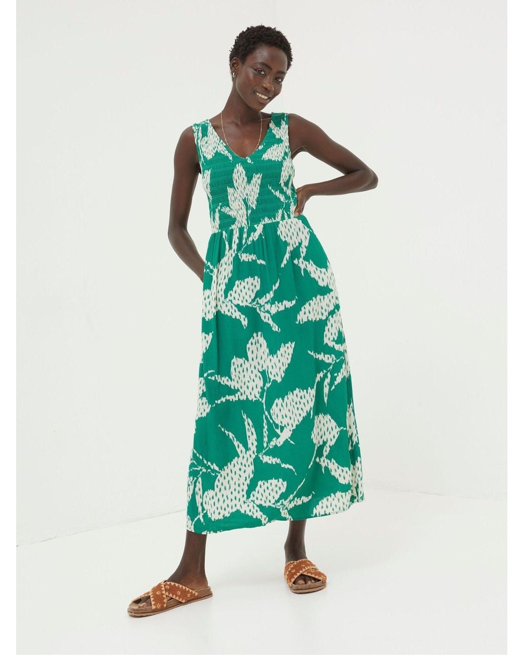 FatFace Green Textured Leaves Midi Dress