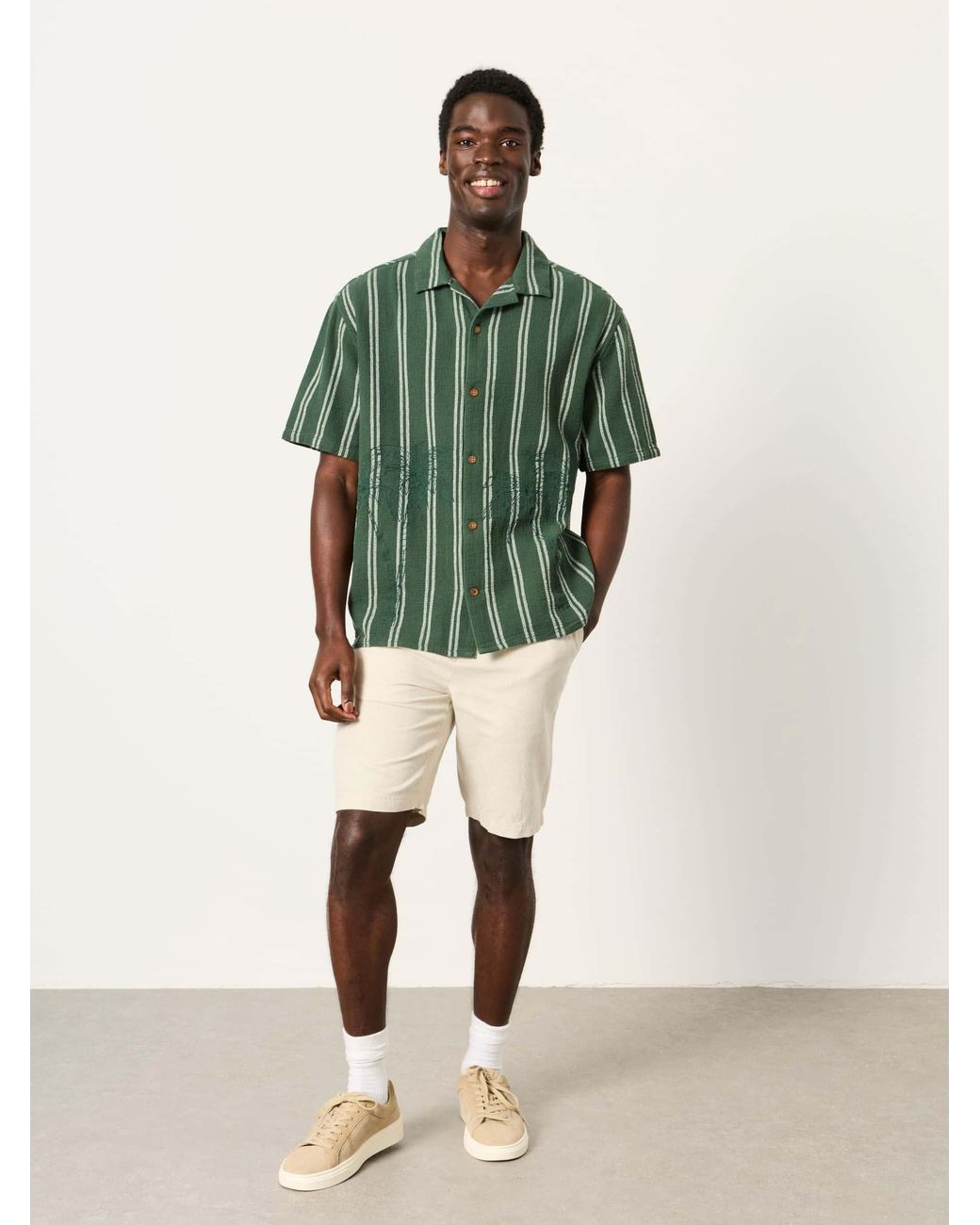 FatFace Green Short Sleeve Relaxed Fit Stripe Shirt With Palm Embroidery for men