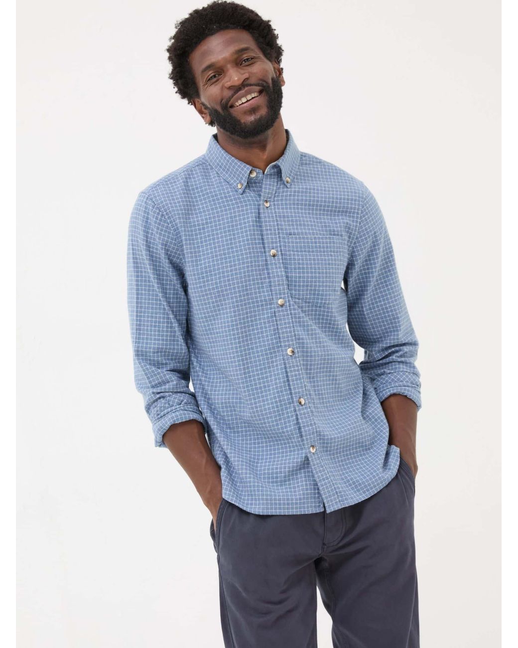 FatFace Blue Long Sleeve Grantham Grid Check Shirt for men