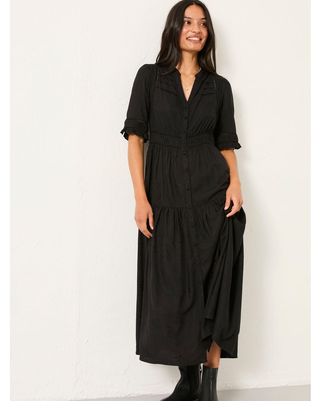 FatFace Black Elsie Regular Embroidered Midi Dress
