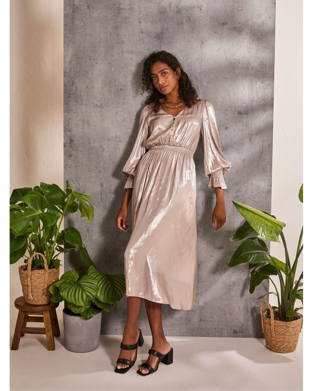 FatFace Natural Rina Metallic Midi Dress