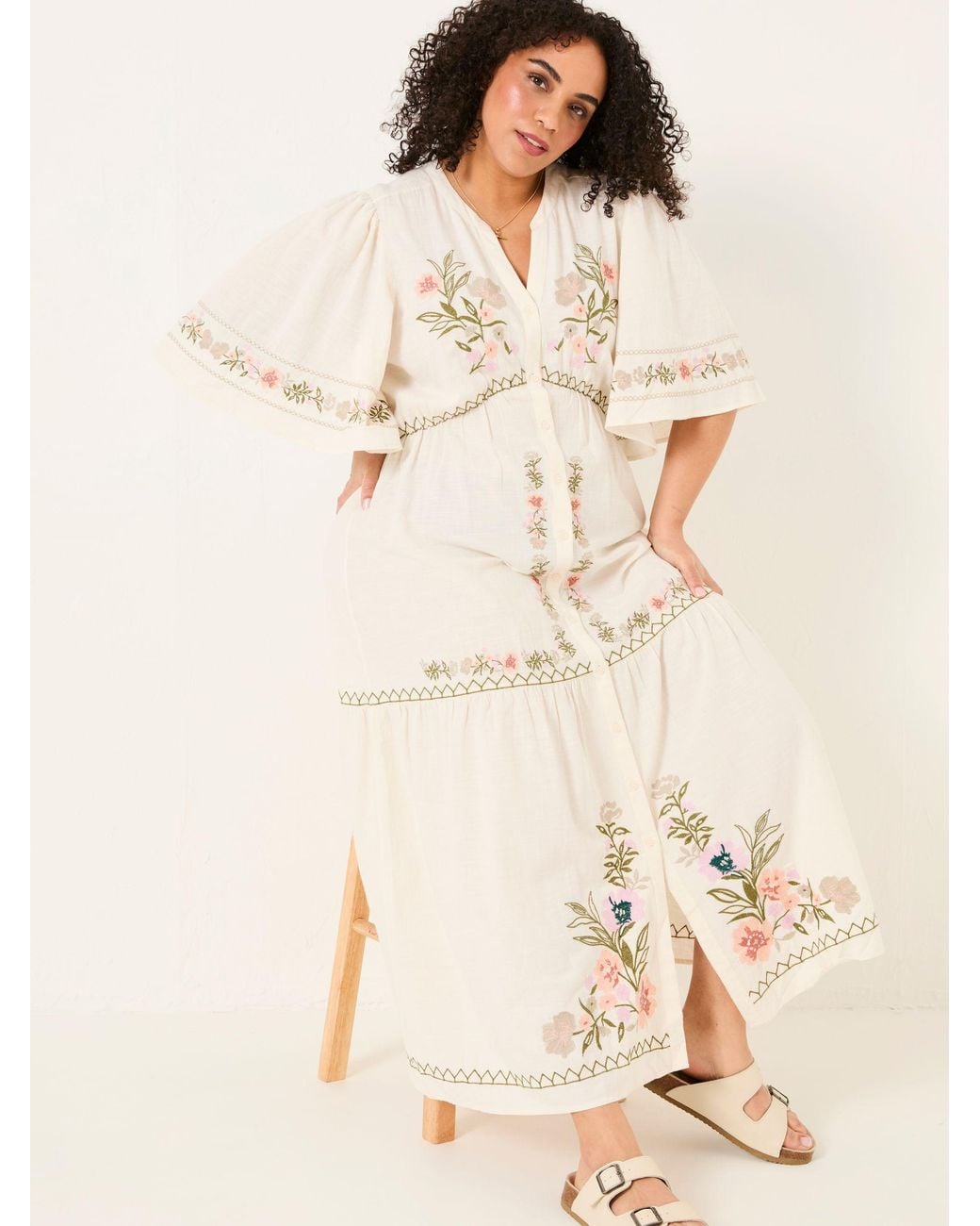 FatFace White Paige Embroidered Midi Dress