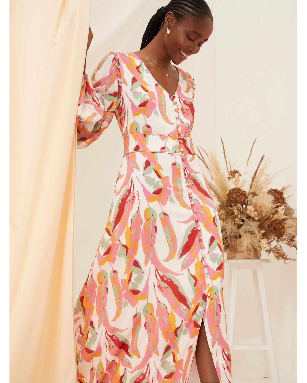 FatFace Pink Peony Painted Leaves Maxi Dress