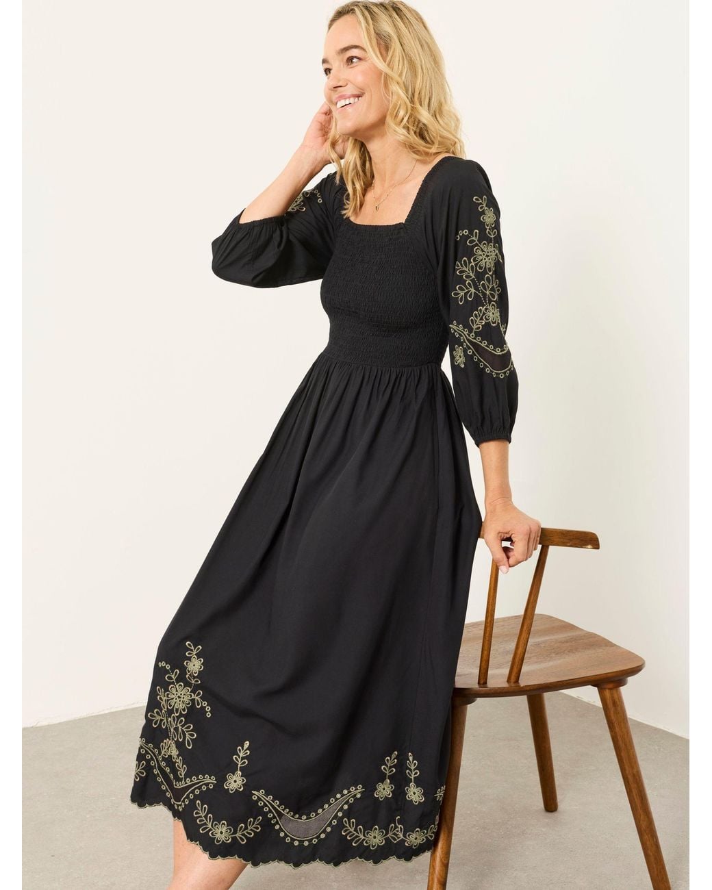 FatFace Black Fatface Embroidered Midi Dress