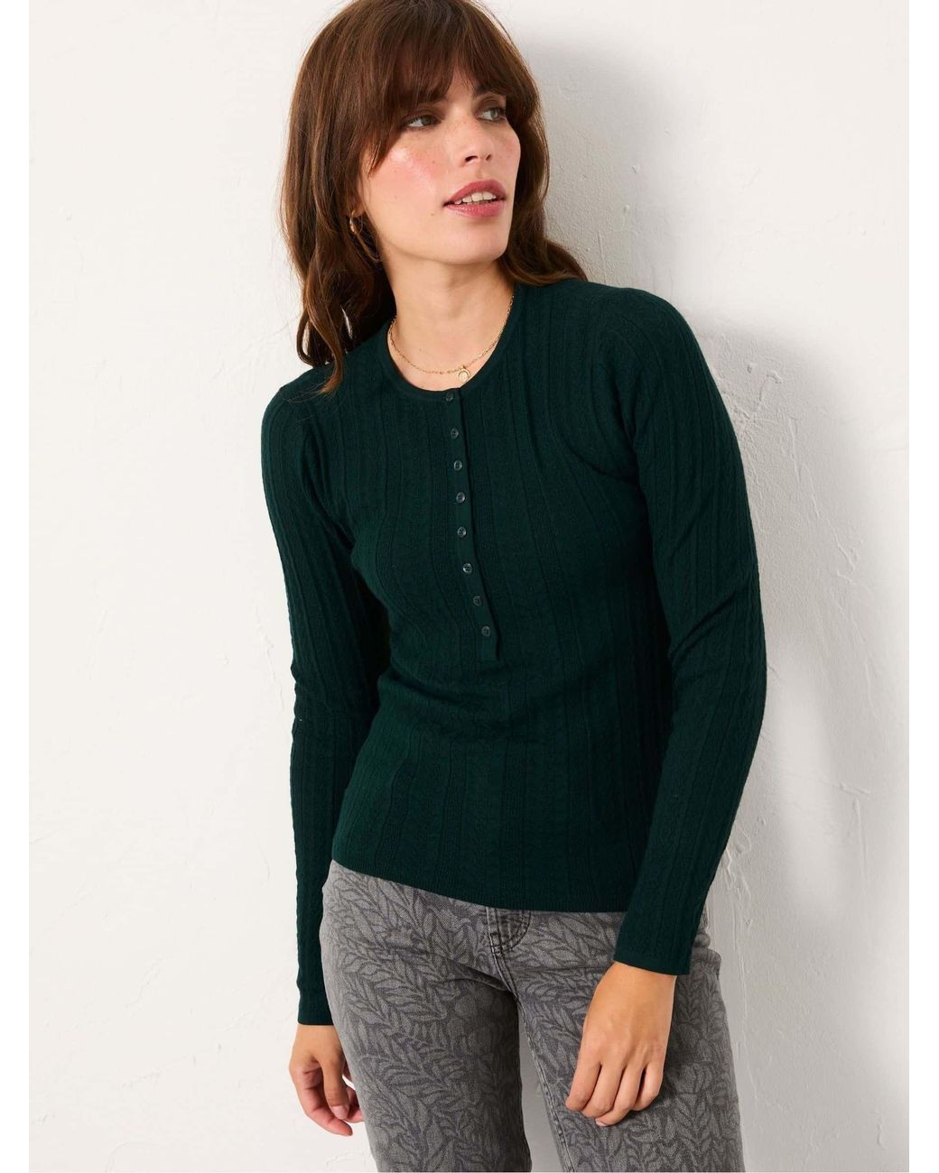FatFace Green Mae Knitted Textured Henley Crew Neck Jumper