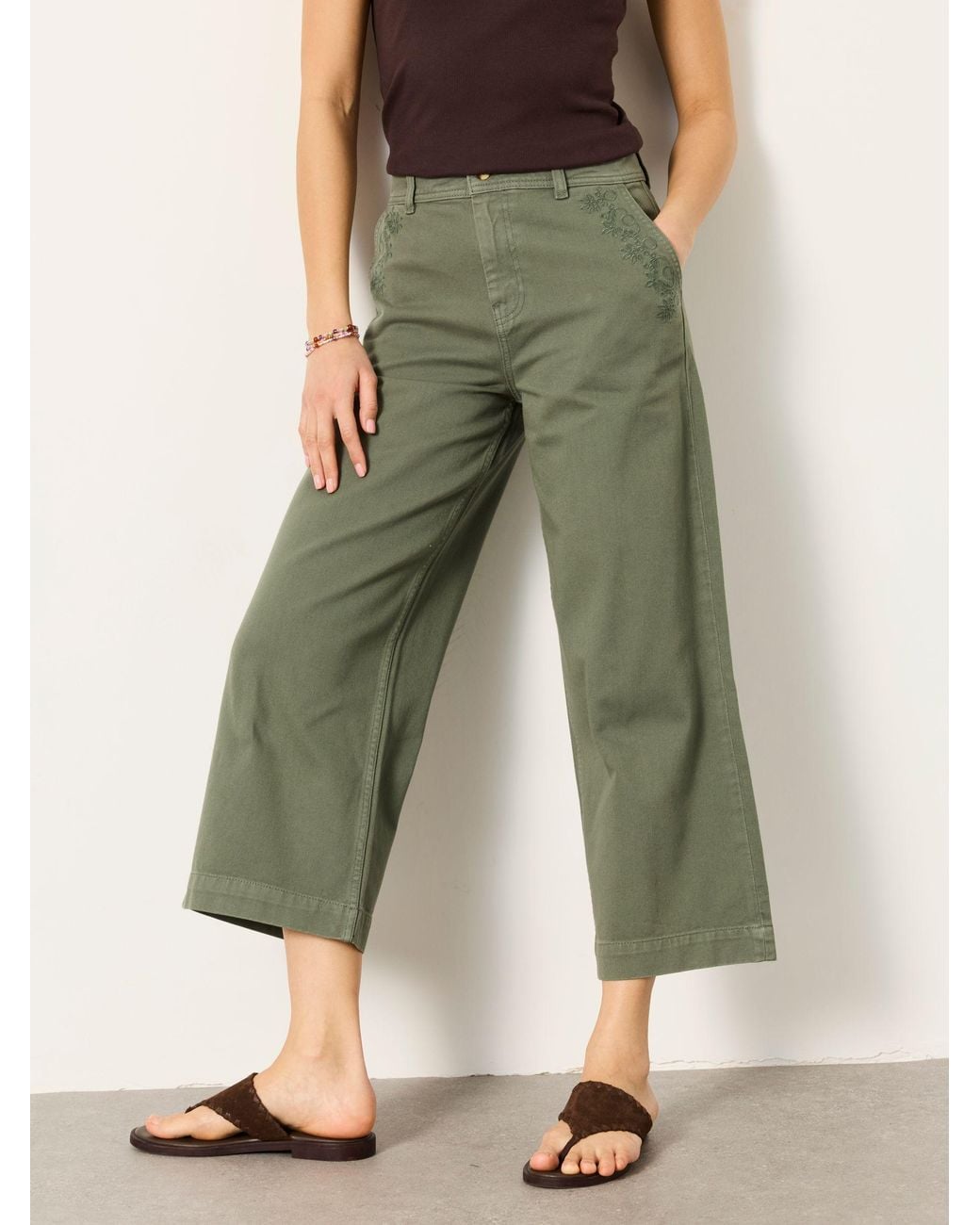 FatFace Green Hove Embroidered Wide Leg Crop Trouser