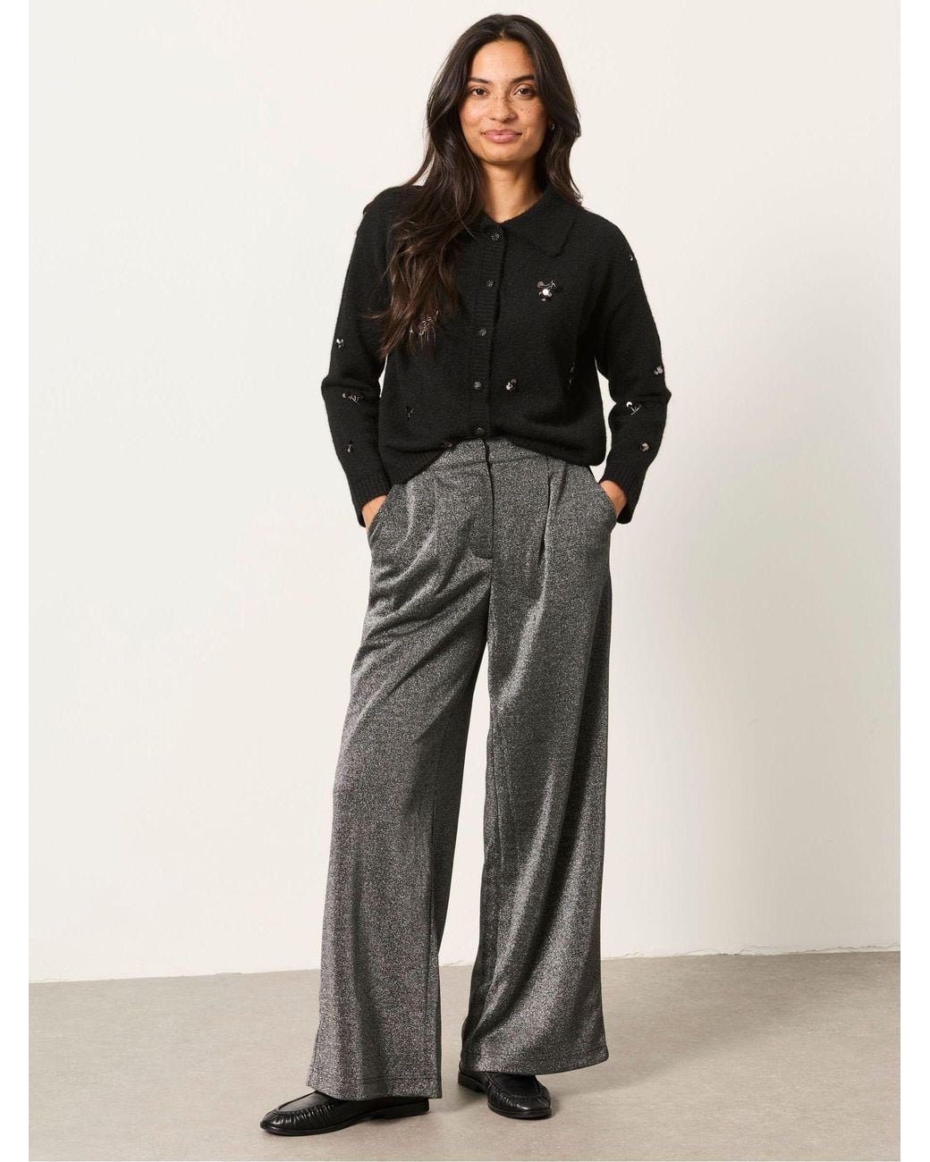 FatFace Black Sophia Sparkle Wide Leg Trousers