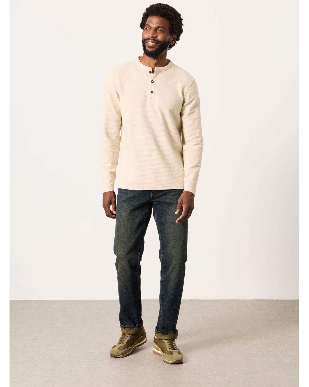 FatFace Natural Henley Long Sleeve Textured T-Shirt for men