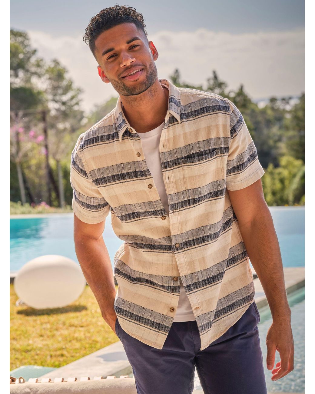 FatFace Blue Milo Short Sleeve Textured Stripe 100% Cotton Shirt for men