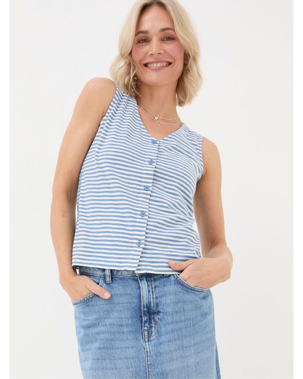 FatFace Blue Claudia Stripe Button Tank