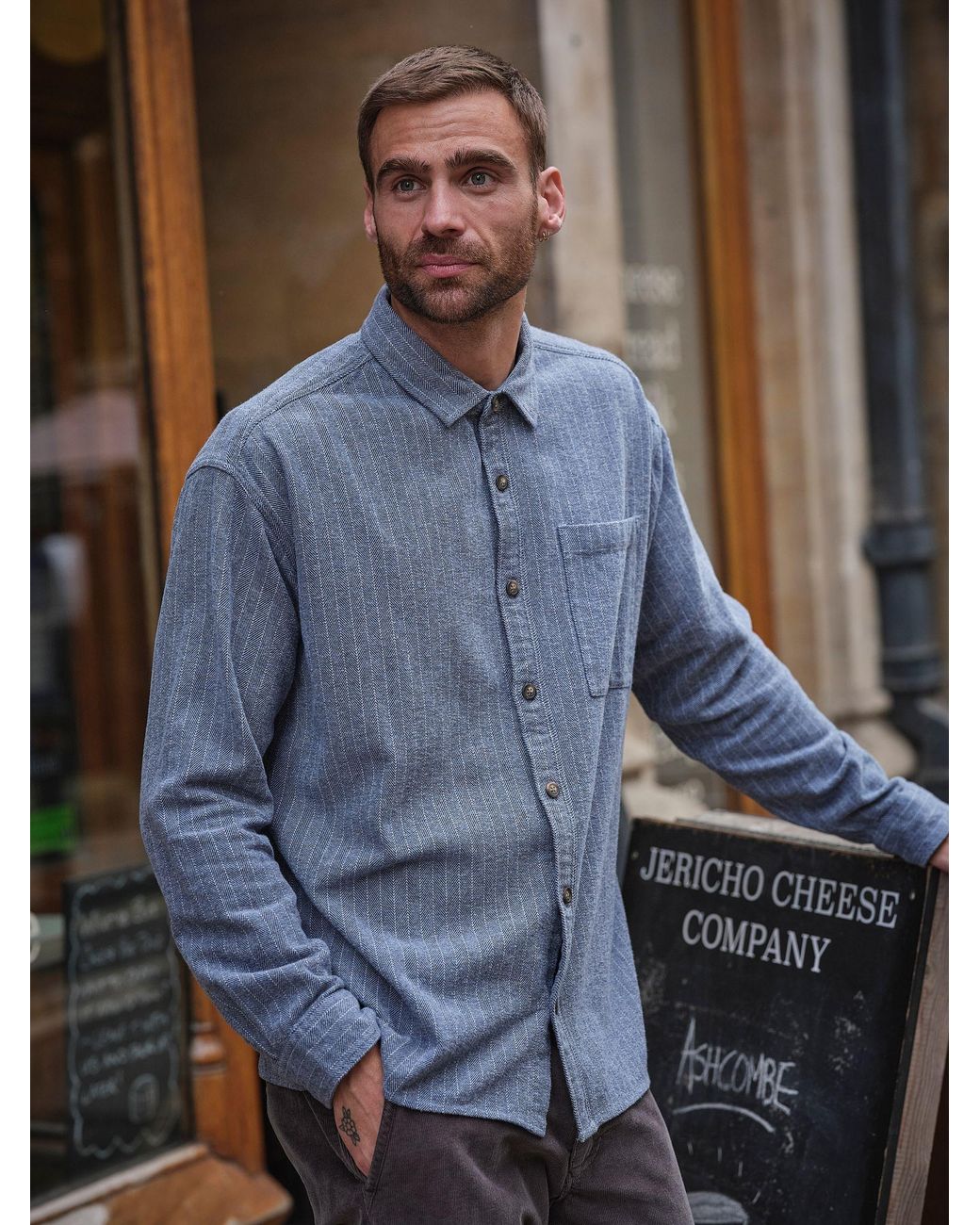 FatFace Blue Fatface Long Sleeve Relaxed Fit Herringbone Stripe Brushed Shirt for men