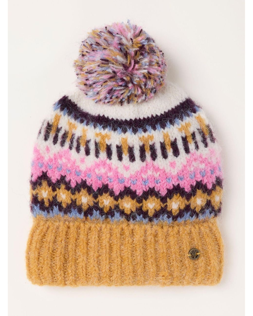 FatFace Pink Fatface Luna Mustard Fairisle Bobble Hat