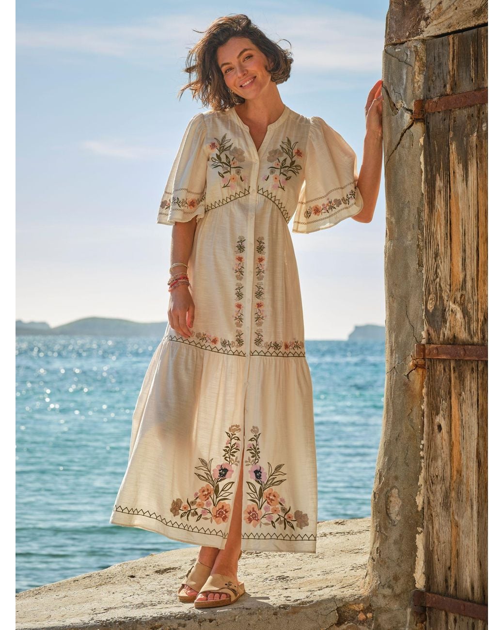 FatFace White Paige Embroidered Midi Dress