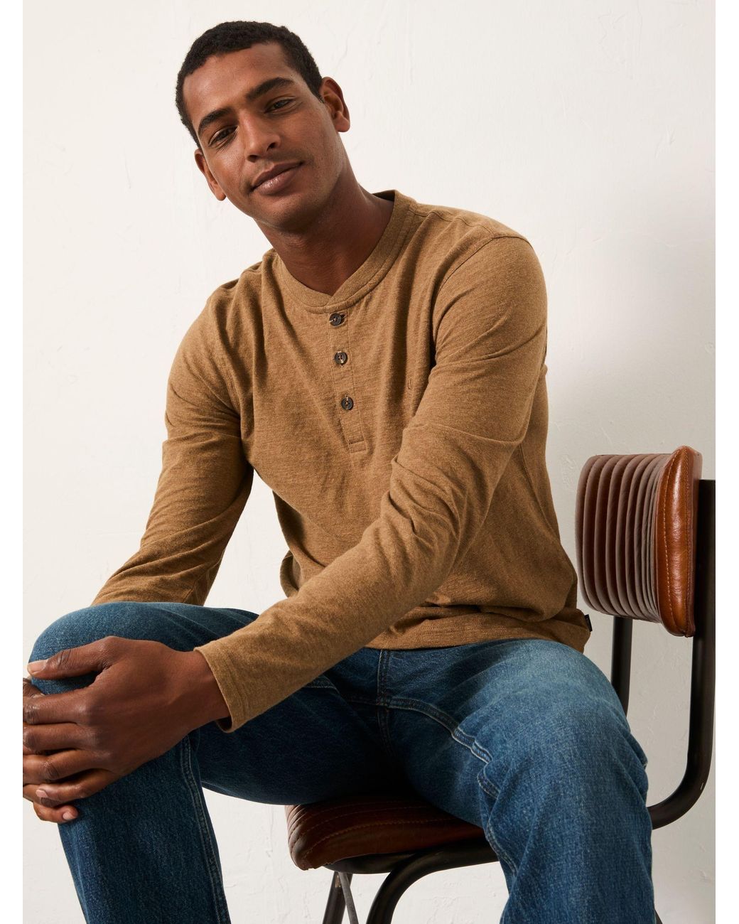 FatFace Blue Henley Long Sleeve Woodside Slub for men