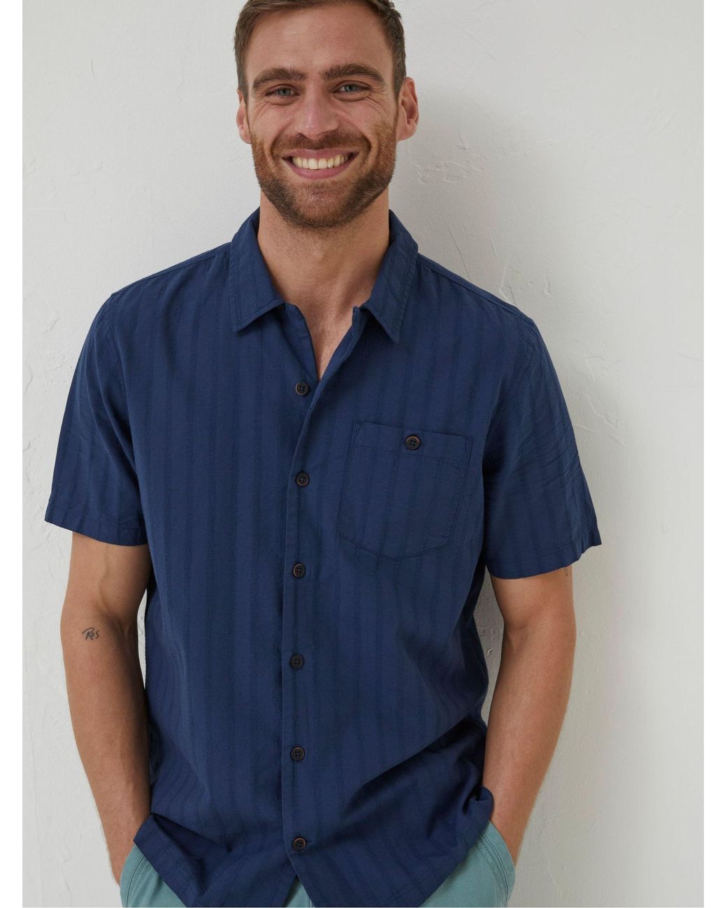 FatFace Blue Fatface Self Stripe Revere Shirt for men