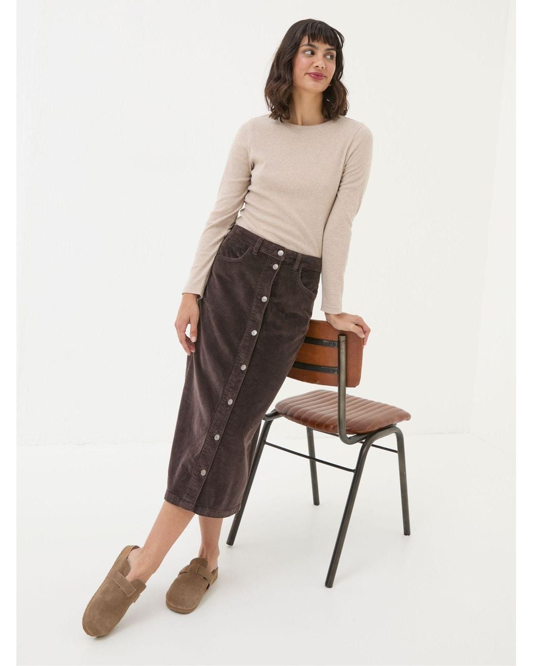 FatFace Brown Carla Cord Midi Skirt