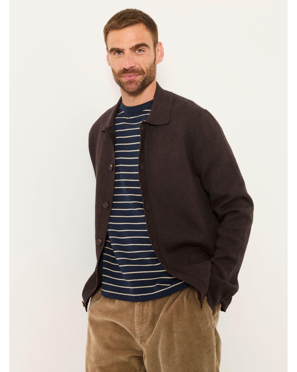 FatFace Black Fatface Kieran Chocolate Knitted Collared Button Front Cardigan for men