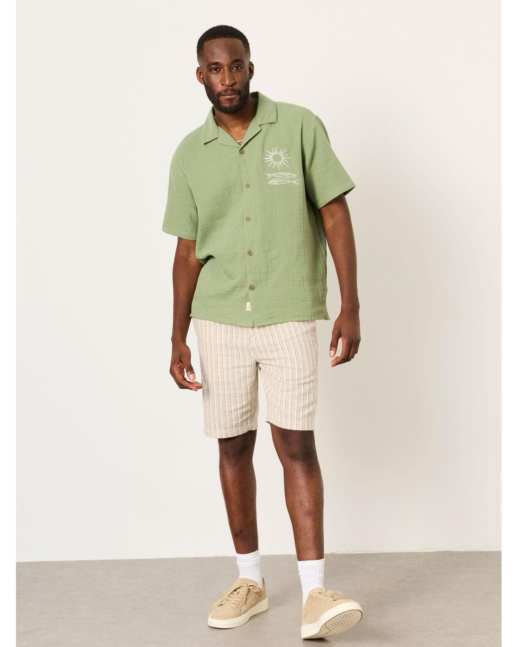 FatFace Green Short Sleeve Relaxed Fit Oliva Placement Embroidery Shirt for men