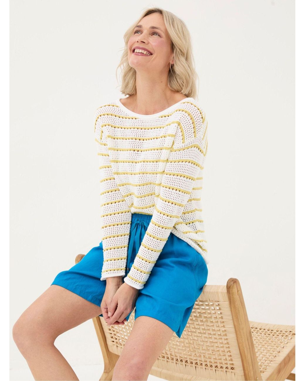 FatFace Blue Kalani Crochet Stripe Jumper