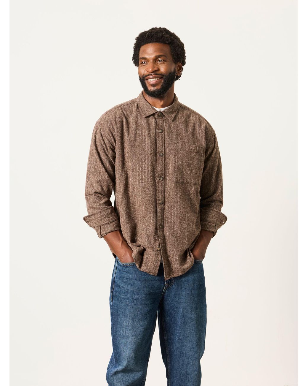 FatFace Natural Fatface Long Sleeve Relaxed Fit Herringbone Stripe Brushed Shirt for men