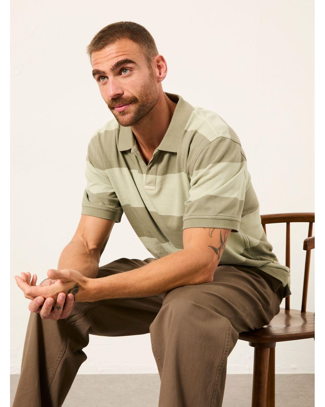 FatFace Green Ashton Relaxed Fit Rugby Stripe Notch Polo for men