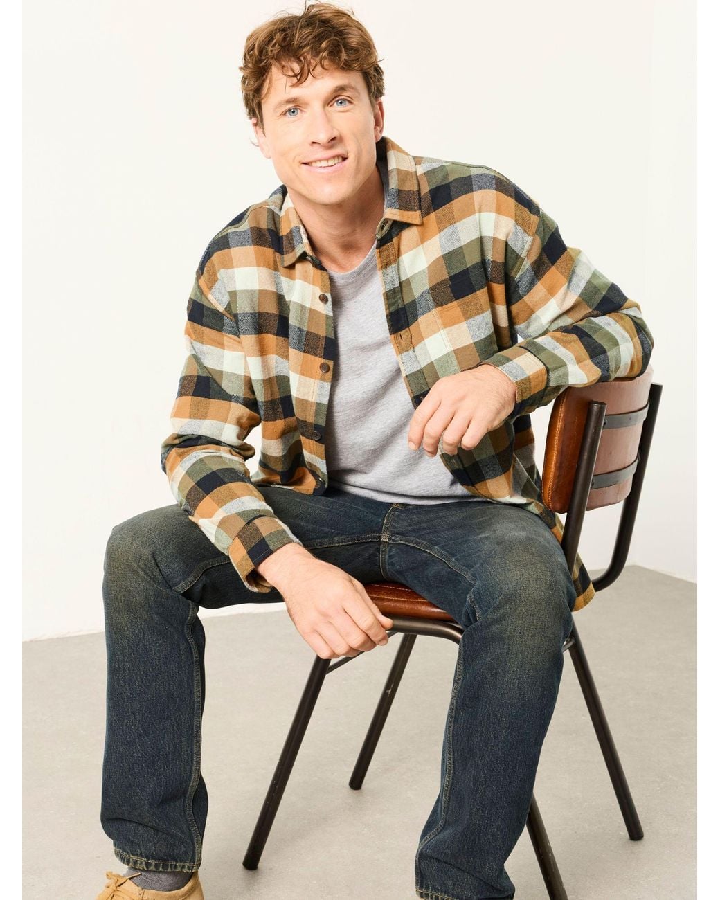 FatFace Natural Brora Long Sleeve Relaxed Fit Check Shirt for men