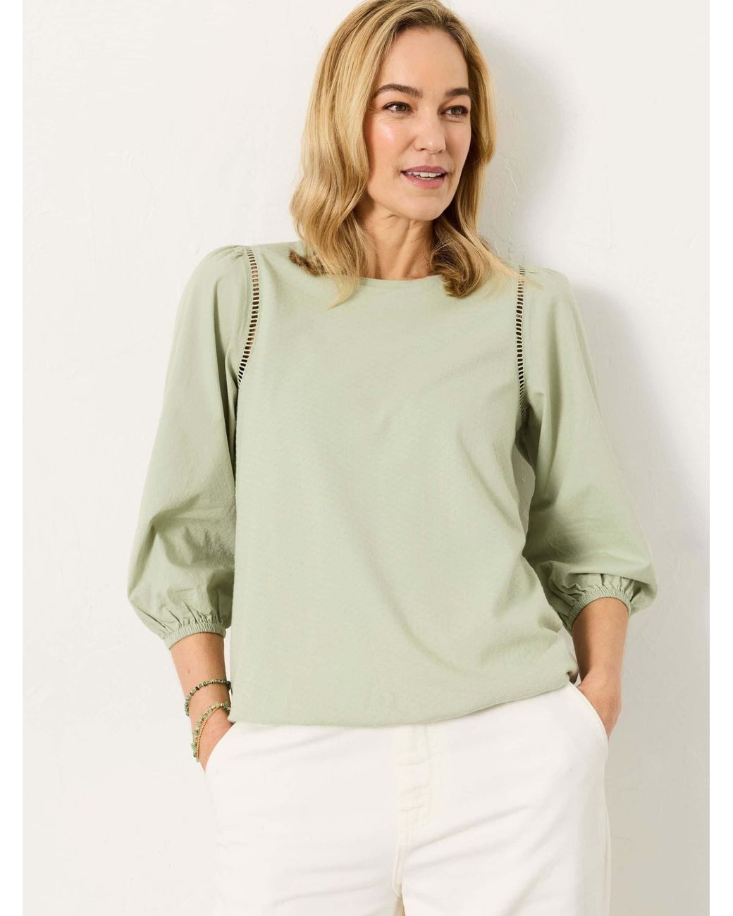 FatFace Green Cassie Woven Jersey Mix Top