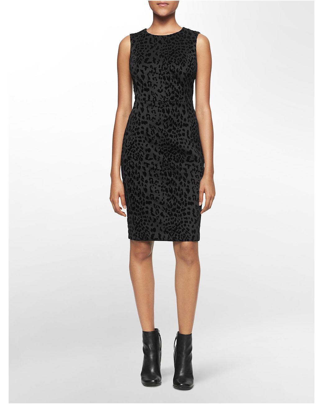 Calvin Klein Textured Leopard Print Sleeveless Sheath Dress in Black ...