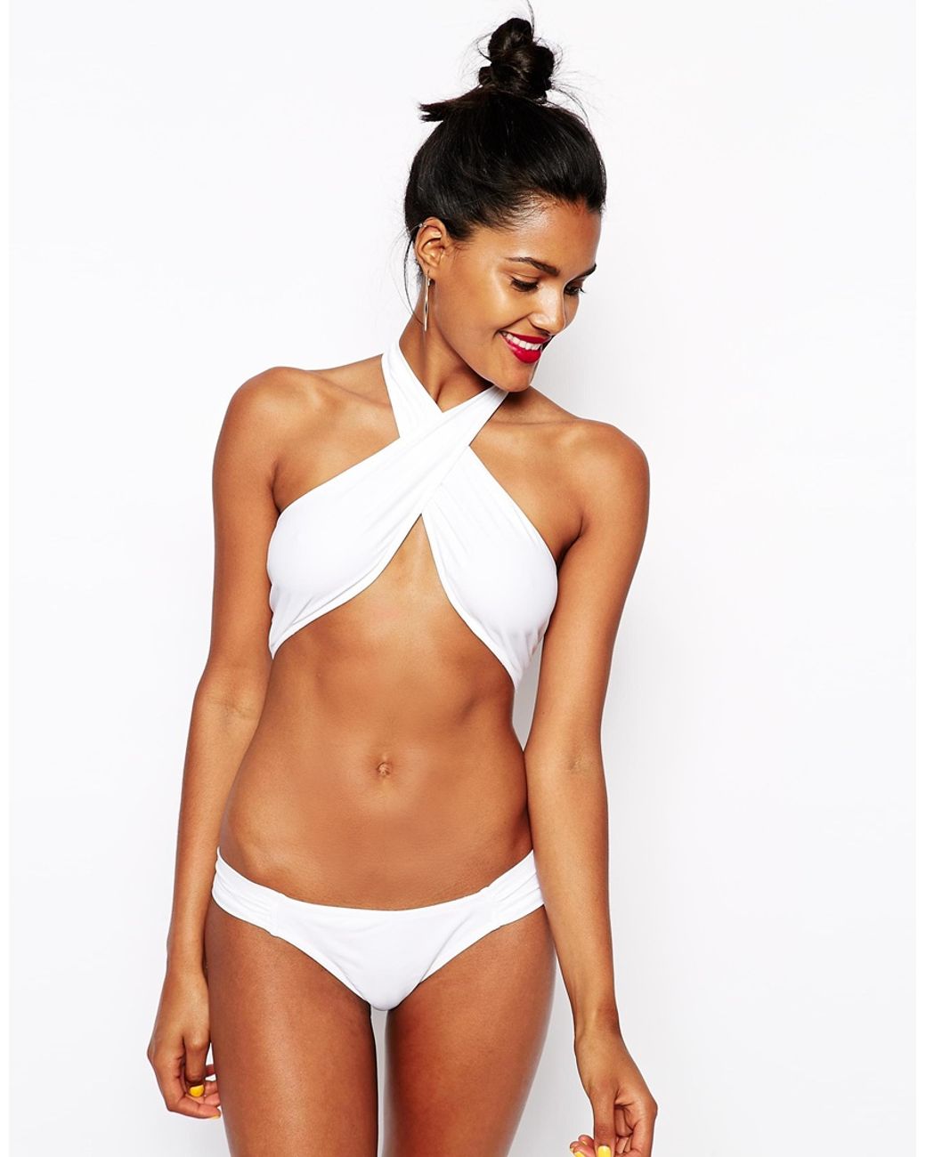 ASOS Cross Wrap Halter Bikini Top in White | Lyst Canada