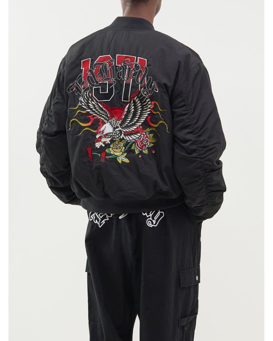Ed Hardy Black Gothic Flaming Eagle Ruched Sleeve Bomber Jacket