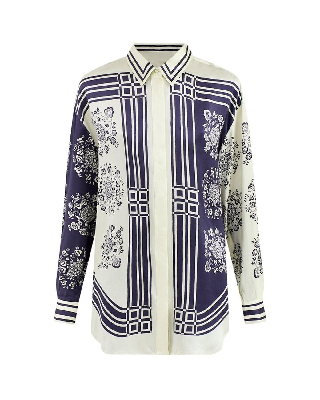 ALÉMAIS Blue Banderra Silk Satin Scarf Shirt