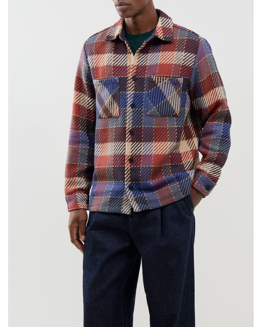 Wax London Blue Recycled Blend Whiting Pike Check Overshirt, Cotton for men