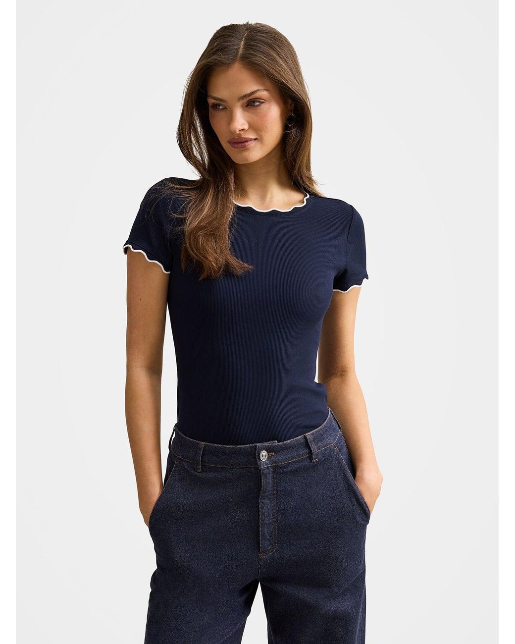 Forever New Blue Rebecca Scallop Trim T-Shirt