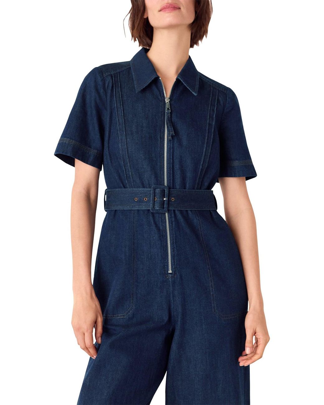 Whistles Blue Pintuck Belted Jumpsuit