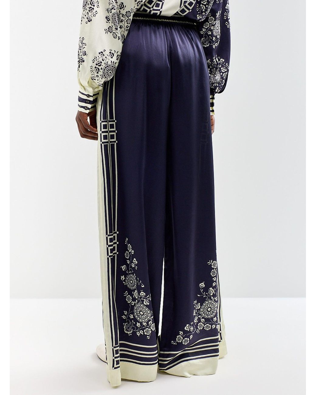 ALÉMAIS Blue Banderra Silk Satin Wide Leg Trousers