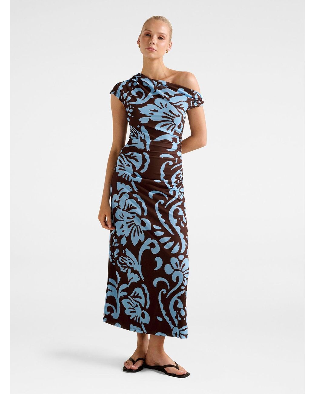 Forever New Blue Paris Draped Mesh Midi Dress Multi