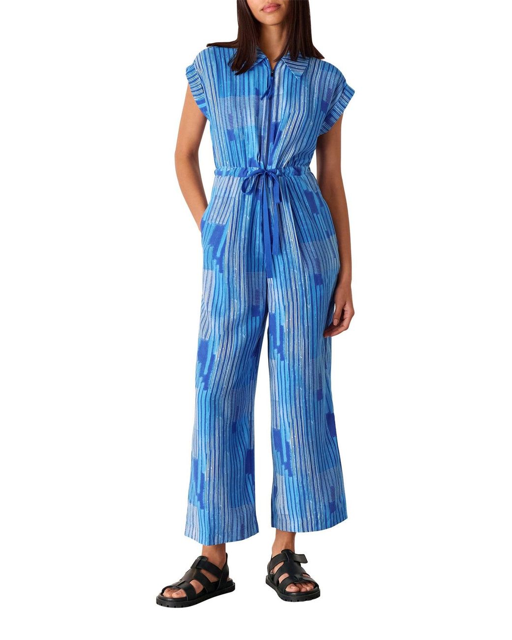 Whistles Blue Stripe Print Zip Jumpsuit
