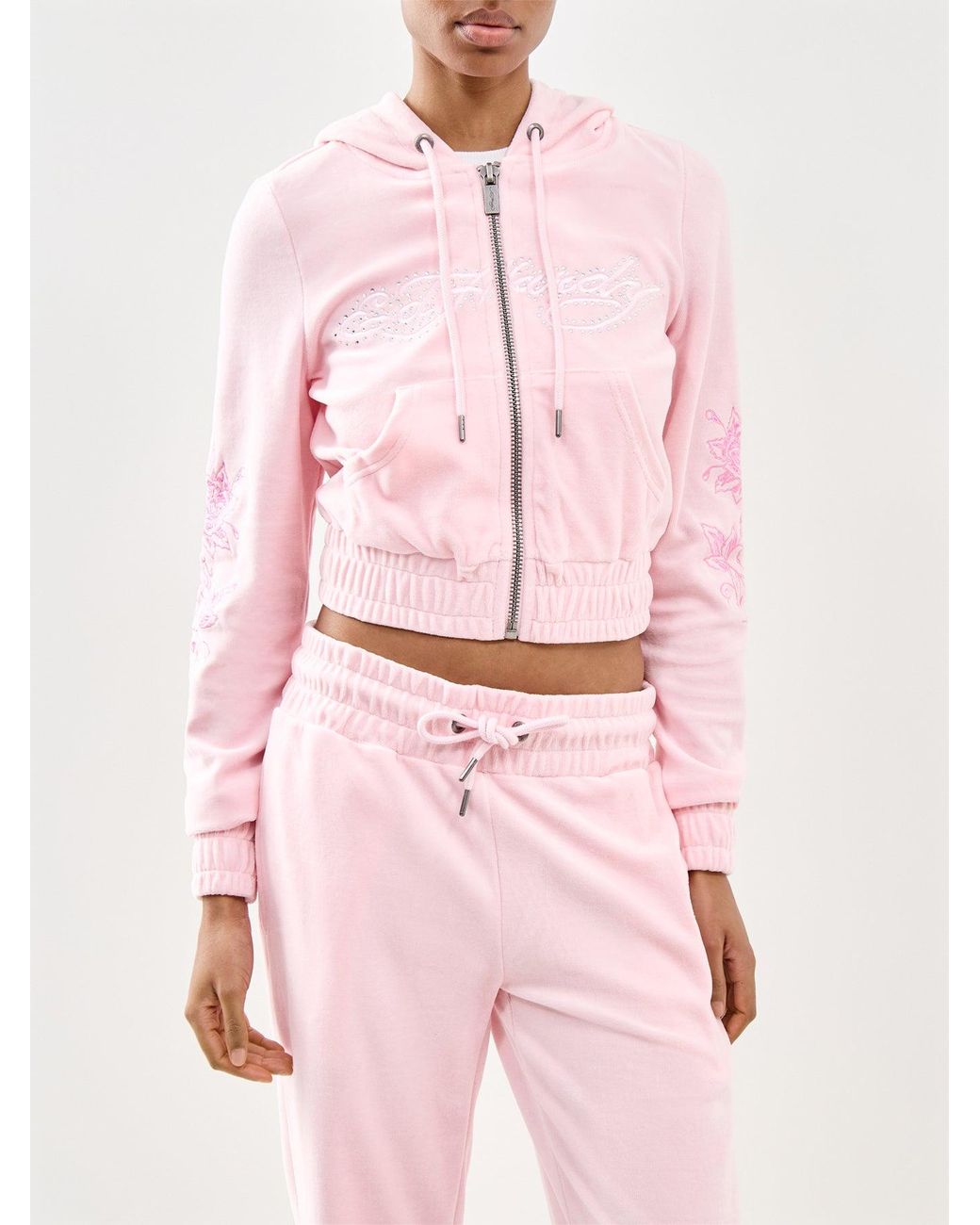 Ed Hardy Pink Love And Thorns Diamante Velour Hoodie
