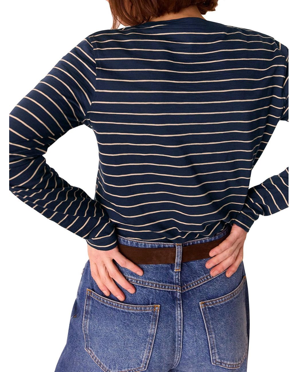 Whistles Blue Stripe Crew Neck Pocket Top, Cotton