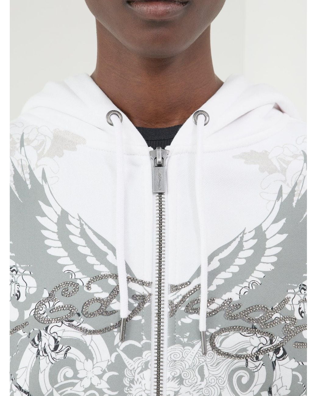 Ed Hardy White Diamanté Venom Relaxed Zip-Through Hoodie