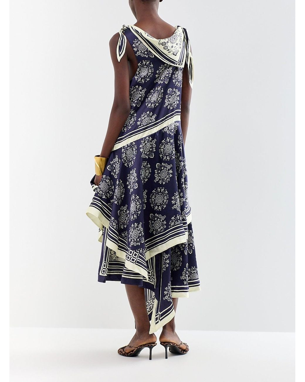 ALÉMAIS Blue Banderra Silk Satin Scarf Midi Dress