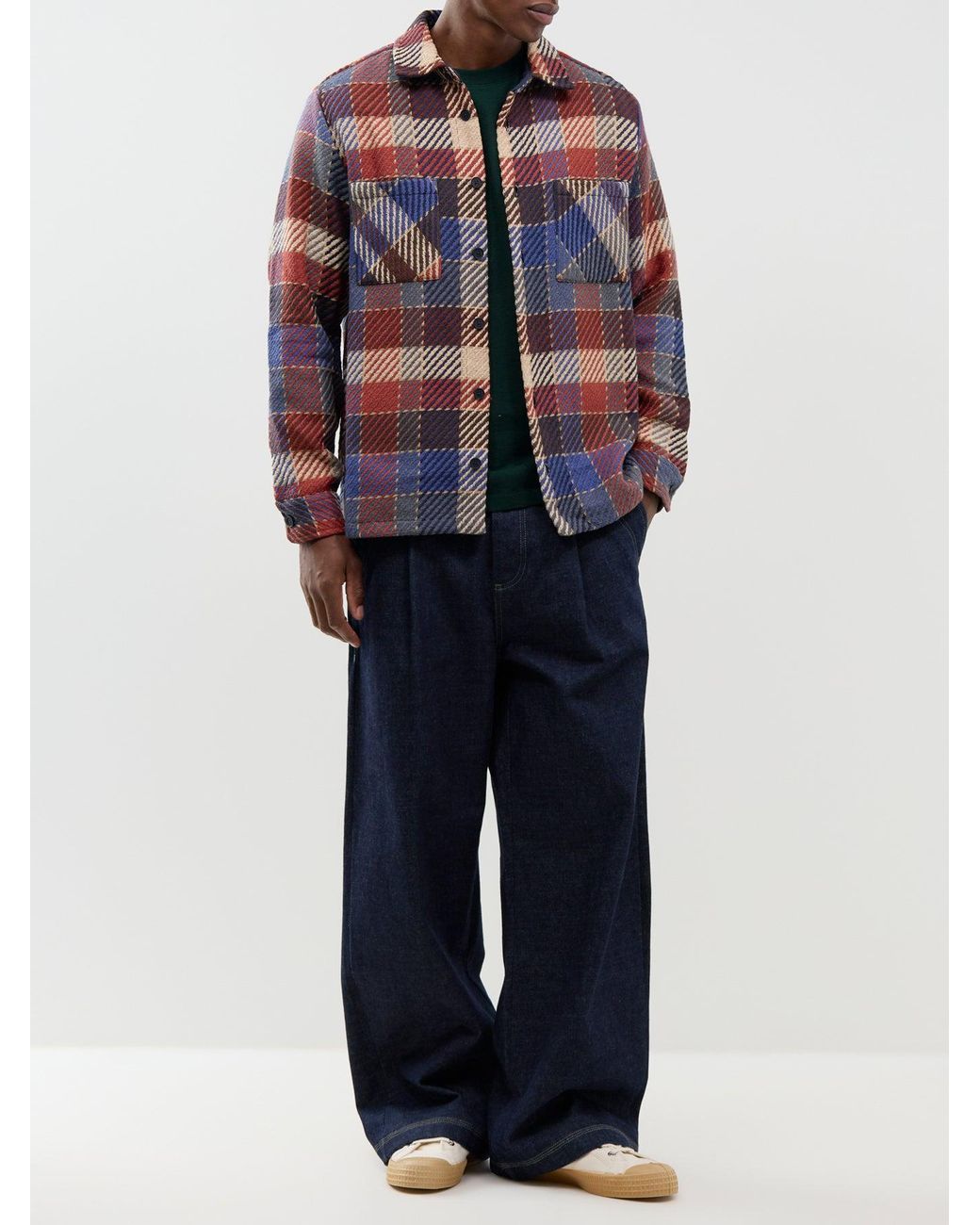 Wax London Blue Recycled Blend Whiting Pike Check Overshirt, Cotton for men