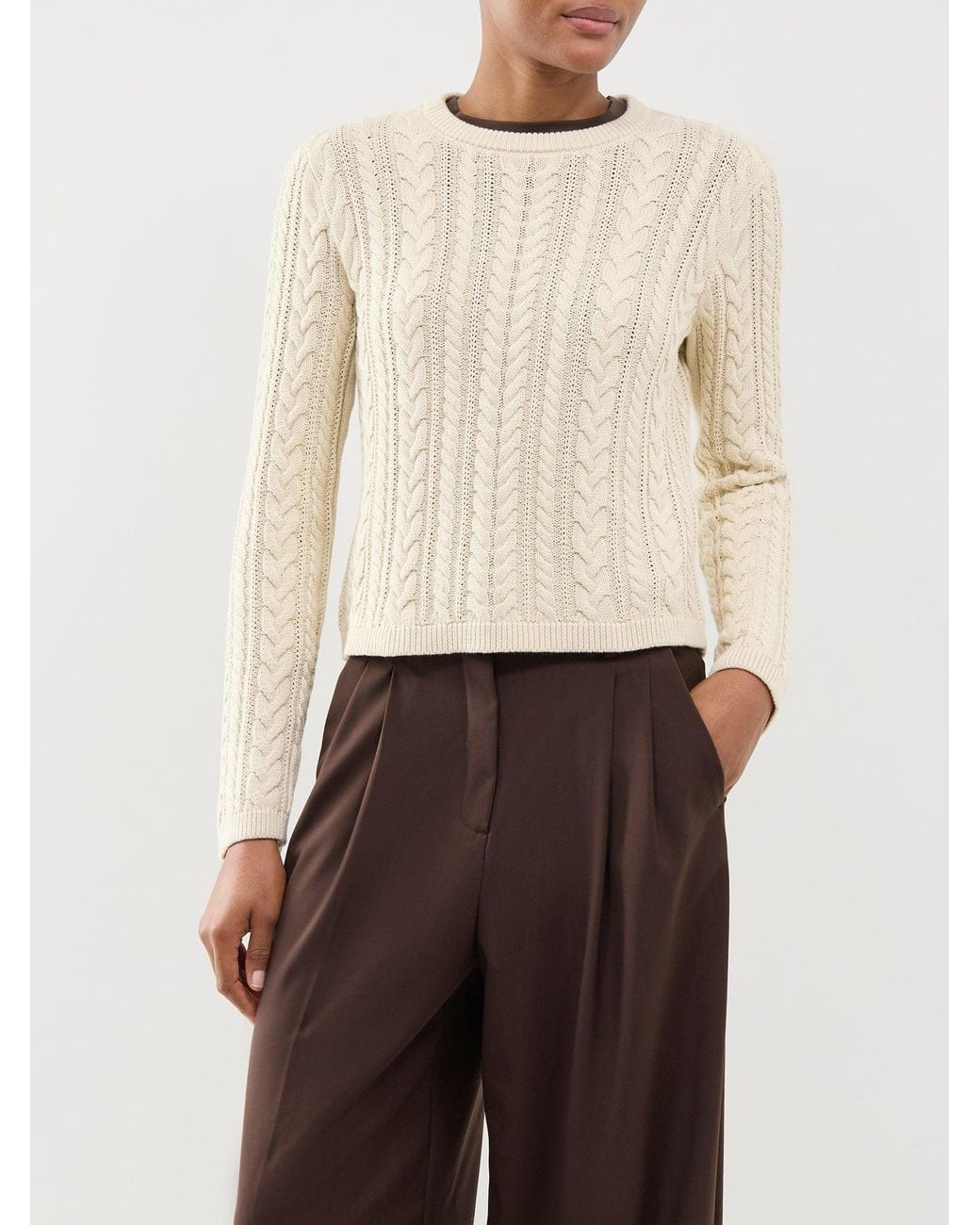 SELECTED White Organic Braun Cable Knit Crew Neck Jumper