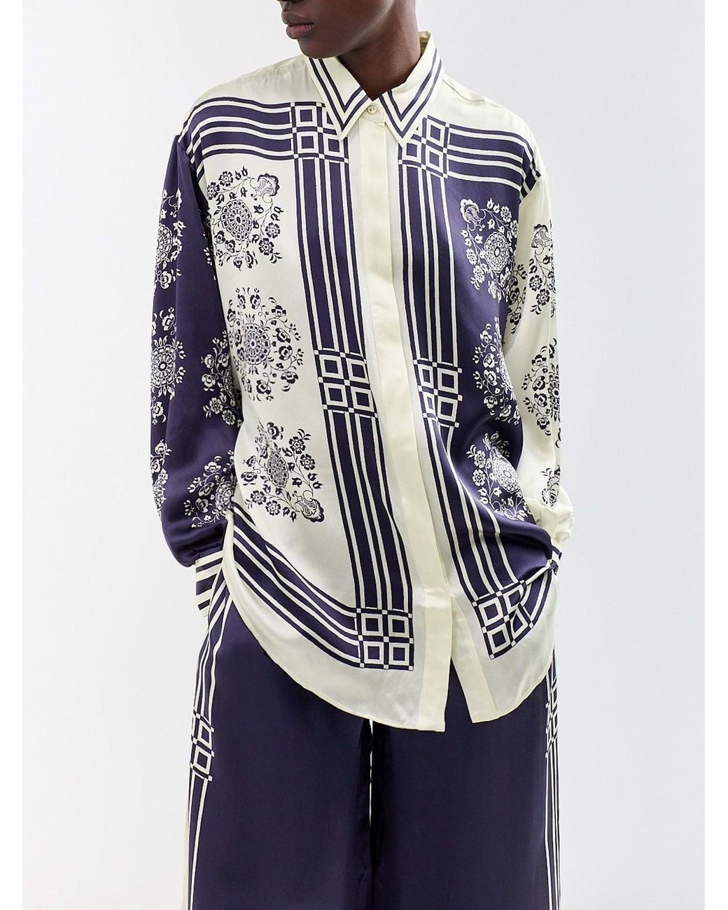 ALÉMAIS Blue Banderra Silk Satin Scarf Shirt