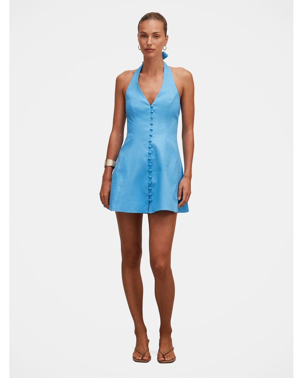 Forever New Blue Ina Button Front Halter Neck Mini Dress